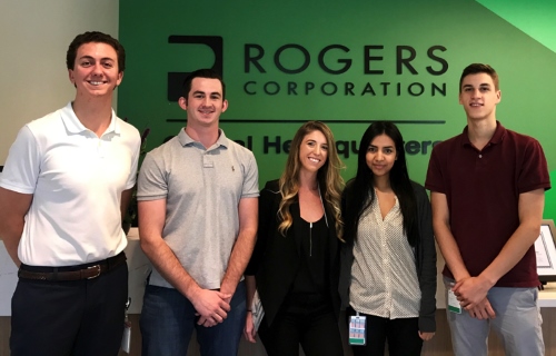 Rogers Corporate Marketing Communications interns Evan Byrne, Mitchell Durbin, Emily Arnold, Leslie Bernadino and Joshua Knoll at the new global headquarters in Chandler, AZ.