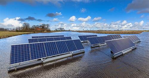 Solar panels on a body of water